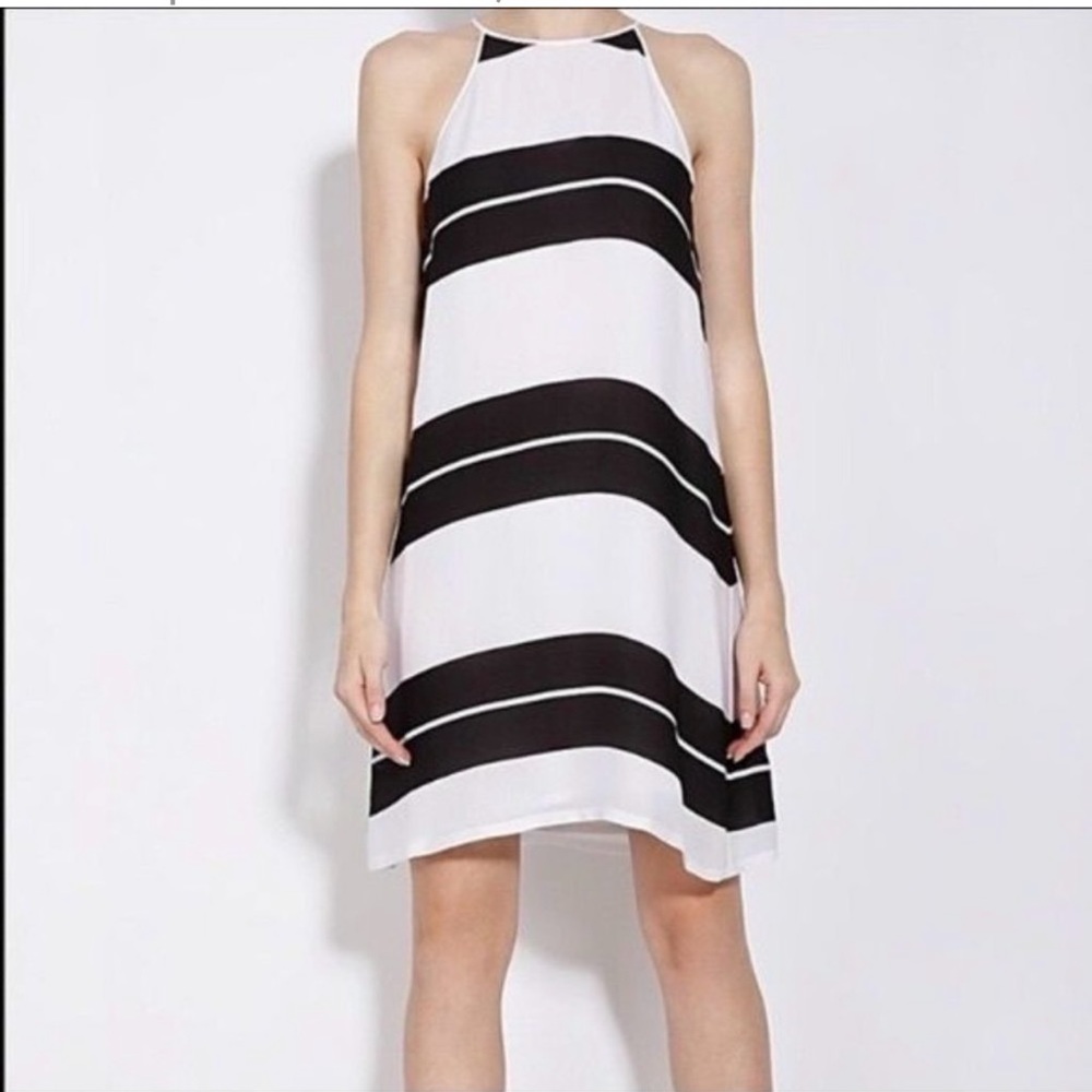 ALC Striped Silk Halter Swing Trapeze Slip Dress Black White Summer Sz M